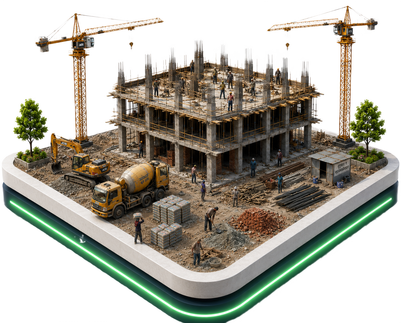 Isometric render of a construction site managed in Project Sayogi
